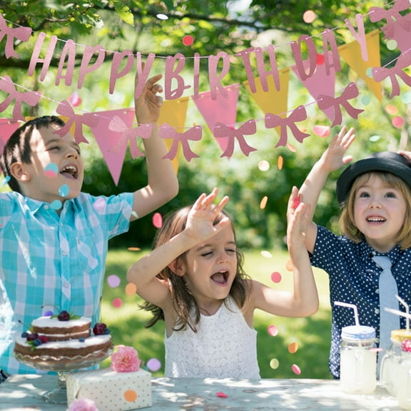 MLINS Coquette Happy Birthday Banner Pink Bow Party Decorations Girls Birthday Party Pink Bow Garland Birthday Decorations