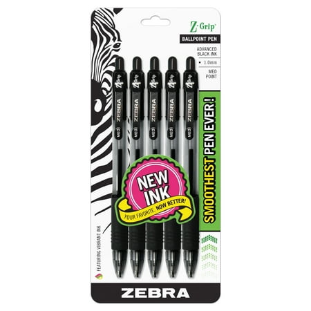Zebra Z-Grip Retractable Ballpoint Pen, Medium Point, 1.0mm, Black Ink, Clear Barrel, 5-Count