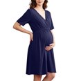 thumbnail image 2 of Women Maternity Solid Dress Summer Short Sleeve V-Neck Pleated Waist Dress Casual Breathable Pregnancy Clothes Navy M, 2 of 7