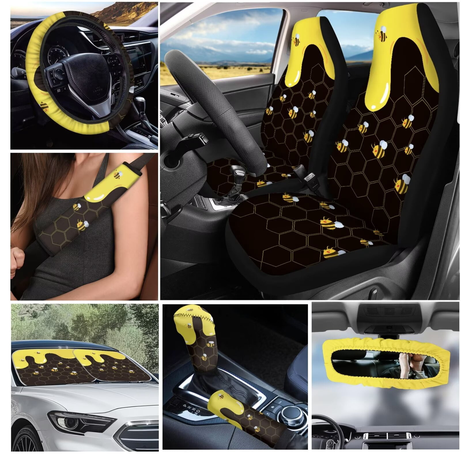 Garronmavis Bee Honey 16 Pcs Car Accessories Set Car Seat Belt Pads Cover Auto Keychain Holder Gear Shifting Knob Cover Cup Mats Front Window Sunshade Rearview Mirror Cover
