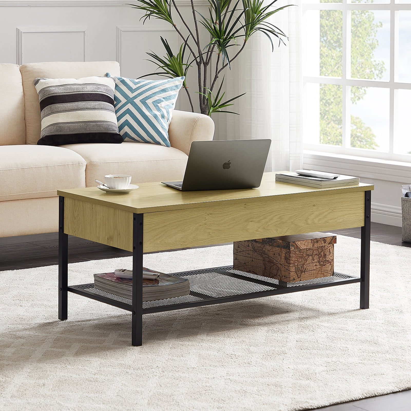 Kepooman Home Office Wood Lift Tabletop with Storage Shelf & Hidden Compartment, Metal Frame, Wood Color Kepooman Home Office Wood Lift Tabletop with Storage Shelf & Hidden Compartment, Metal Frame, Wood Color