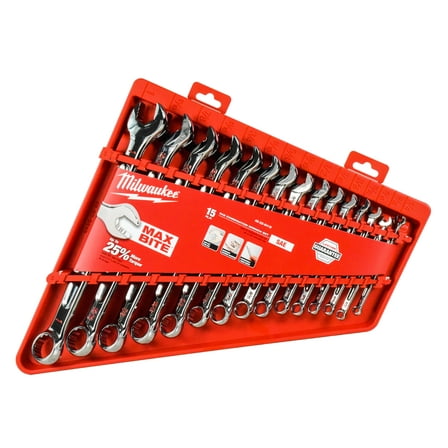 Milwaukee 48-22-9415 Combination SAE Wrench Mechanics Tool Set, MAX BITE Open-End Grip, 15-Piece