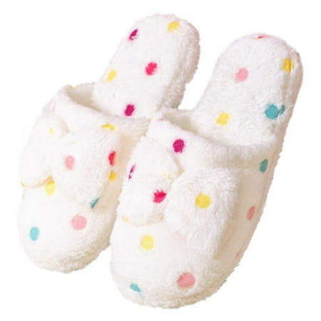 

SweetCandy Women Slient Indoor Slippers Fleece Knotbow Polka Dot Closed Toe House Shoes Comfort Soft Non-Slip Home Shoes