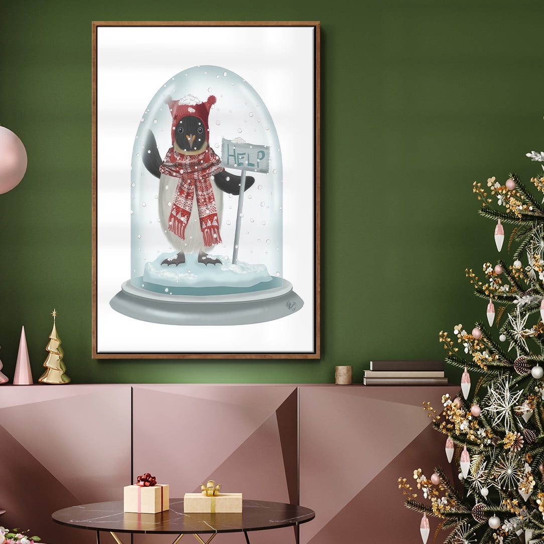 Christmas Penguin Snow Globe - Framed Gallery Wrapped Holiday Canvas - 27 x 41 - Rosewood Frame