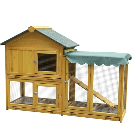 Large Wooden Rabbit Hutch with Run Two-Story Outdoor Indoor Small Pet Cage Dark Yellow Solid Fir Wood