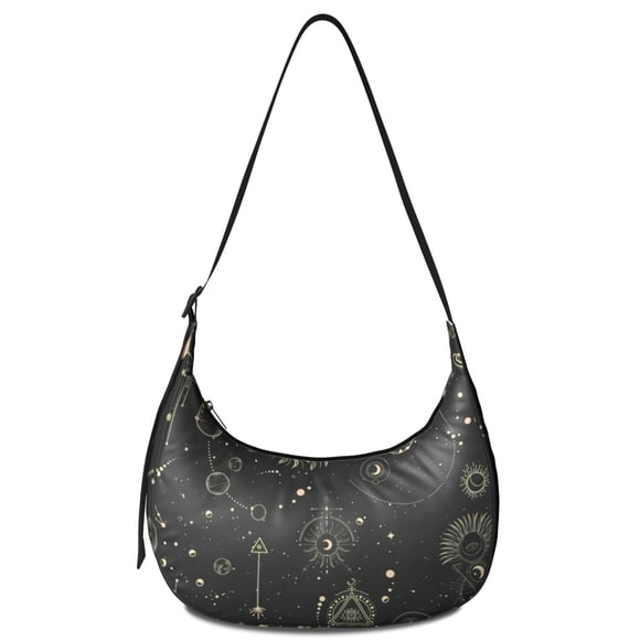 Goth Crescent Crossbody Bag, Steampunk Moon Starry Night Print, Celestial Eclipse Cosmic Design, Adjustable Strap Lunar Art Purse for Travel
