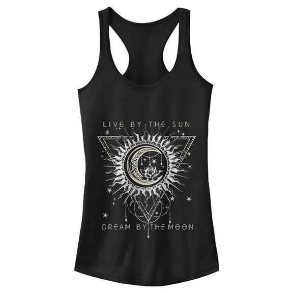 Junior's Lost Gods Live By Sun Dream By Moon Pattern Racerback Tank Top Black X Large