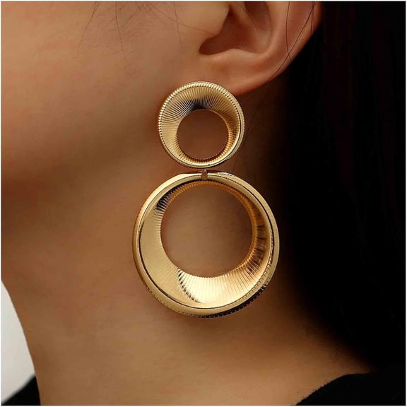 Miora Two-tier Hammered Gold Double Circle Drop Earrings, Chunky Interlocking Hollow Geometric Jewelry for Women