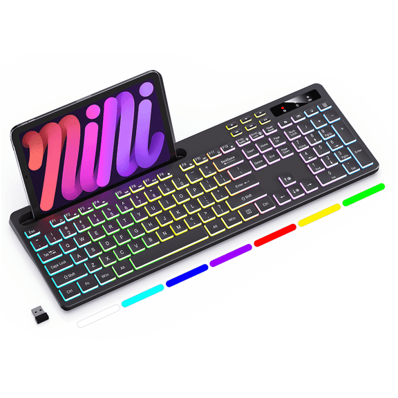 Wireless Keyboard with 7-Color RGB Backlit, Marvo Full-Size Computer Keyboard with Phone Tablet Holder, Rechargeable 2.4G Wireless Gaming Keyboard with Light up Keys, Compatible with Mac,Window,Black