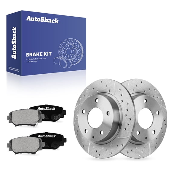 AutoShack Rear Solid Drilled & Slotted Silver Zinc Coated Brake Rotors   Ceramic Pads 6-PC Brake Kit Replacement for 2014-2016 Mazda 3 2014 Mazda 3 Sport SilverShield Pro 10.43" (265 mm)