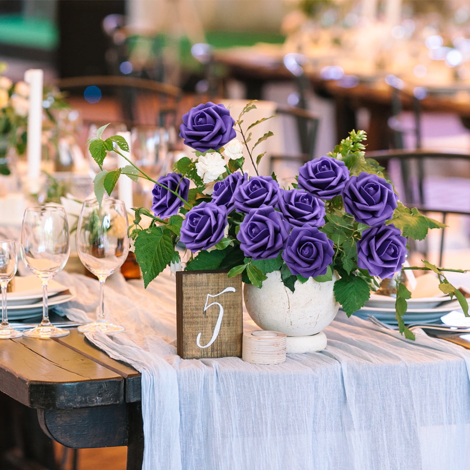 50 PCS Dark Purple Artificial Flowers Real Looking Faux Foam Fake Roses with Stems for Wedding Decoration Bridal Shower Centerpieces Arrangements Party Tables Decor