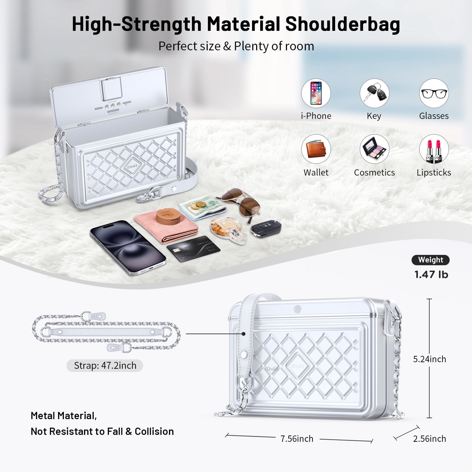 iDiskk MFi Certified 2-in-1 Security Lockable Crossbody Bag with Fingerprints Lock for Women, Shoulder Bag Anti-Theft with Fingerprint & Password Unlocking Built-in 8000mAh 1-Pack Silver