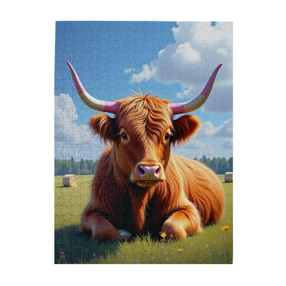 Highland Cow In Meadow 500Piece Adult Jigsaw Puzzle Challenging & Relaxing Brain Teaser Vibrant Illustrations & Quality Pieces Fun Activity For Puzzle Enthusiasts Great Gift Idea For Adults