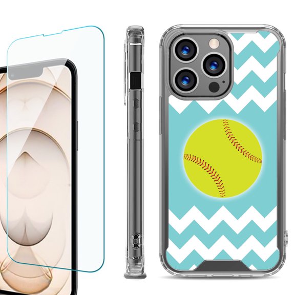 Shockproof Bumper Phone Case for iPhone 13 Pro Max, with Tempered Glass Screen Protector, by OneToughShield ® - Chevron/Softball