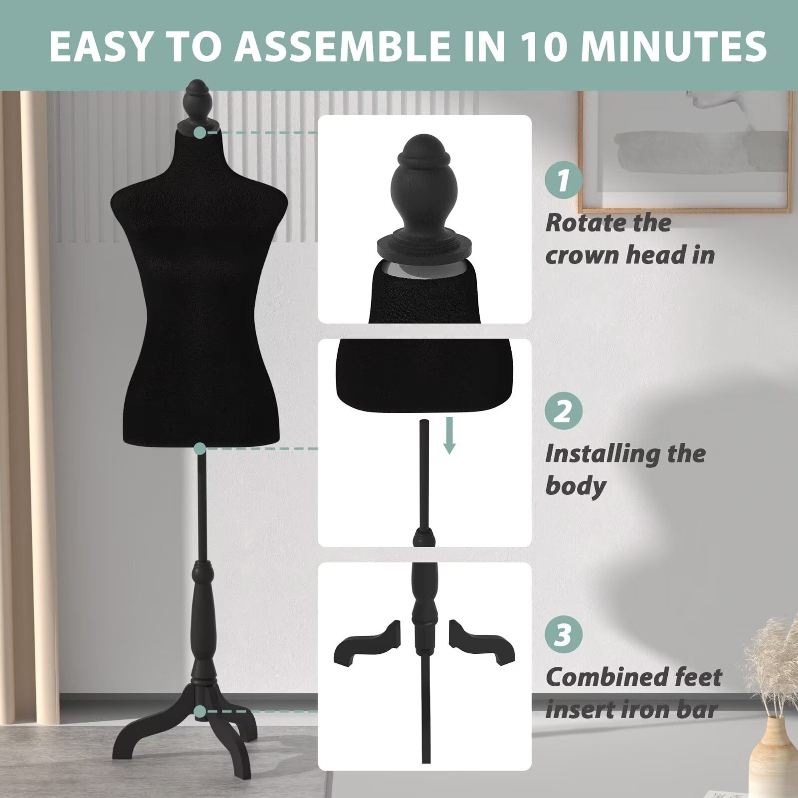 YRLLENSDAN 49.6-63.4 Inch Height Adjustable Sewing Mannequin Body for Clothing Dress Jewelry Display, Half Female Dress Forms with Wooden Tripod Stand for Sewing, Black