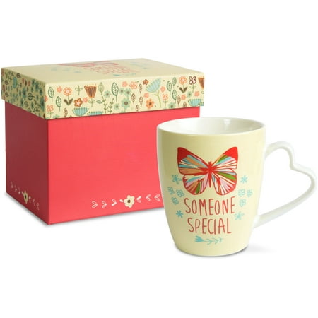 Raised Floral Porcelain - Pavilion - Someone Special Beige Floral Butterfly Porcelain Coffee Mug Teacup with Heart Shaped Handle
