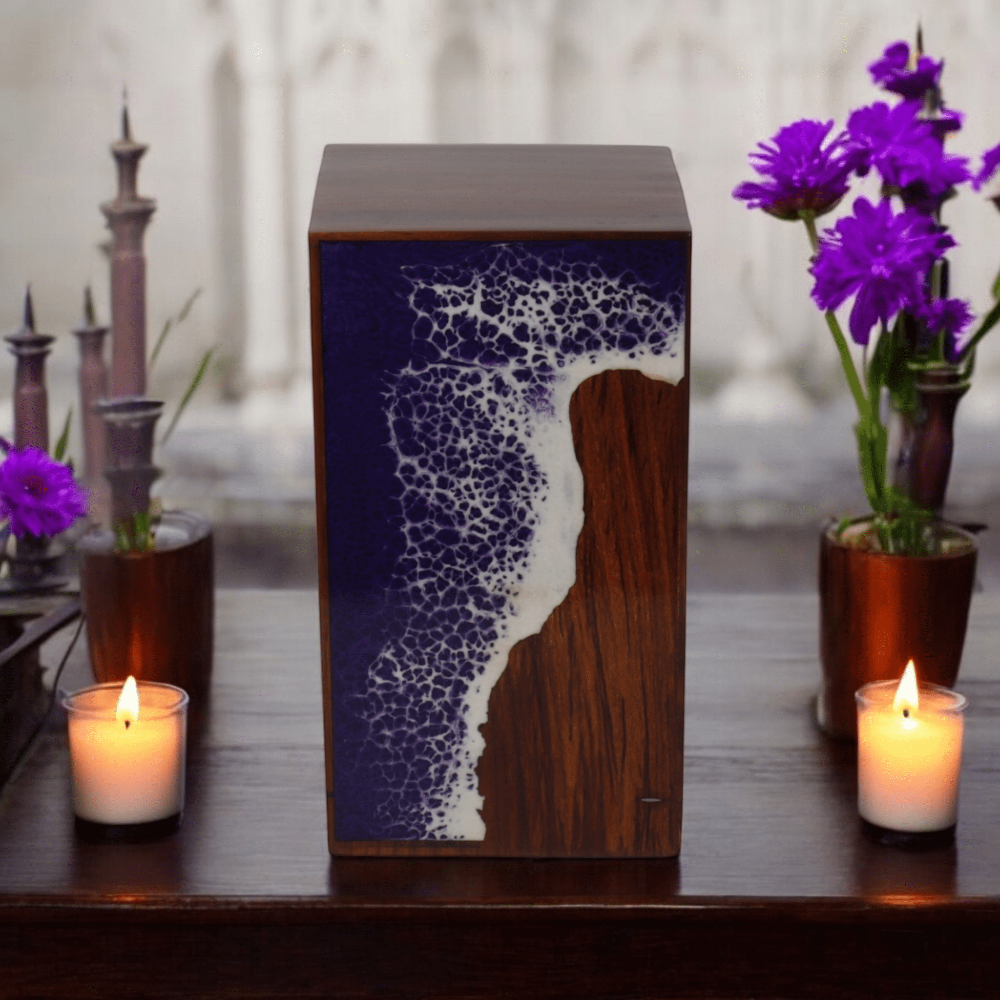 Wooden Cremation Urn for Human and Pet Ashes, Memorial Urn, Burial Urn, Keepsake Urn, Adult Urn with Epoxy Design (Extra Large)
