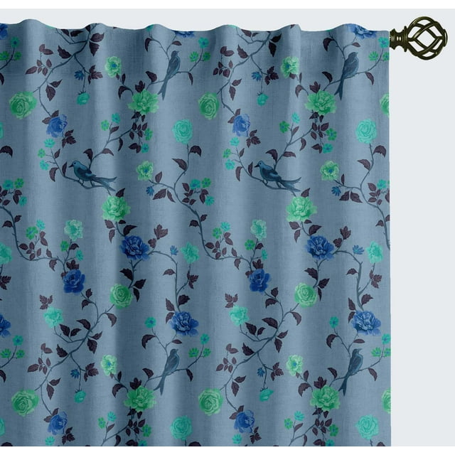 Vargottam 84 Inch Rod Pocket/Back Tab Cotton Curtains for Windows and Doors- Light Filtering Cotton- Light Filtering Drapes For Doors- Set of 2 Panels, 52"x84"- Rose Vine And Bird Print (Blue)