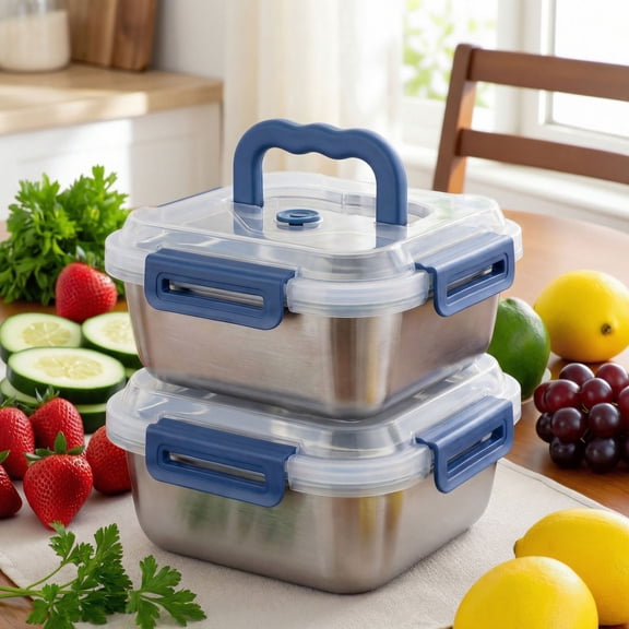 Yakimoto 2/4/6/8/10 PCS Extra-Large Stainless Steel Food Storage Containers With Blue Lids - Deep Design, Airtight Seal, Perfect For Refrigerator Organization, Meal Prep, Lunch Boxes & Kitchen Pantry