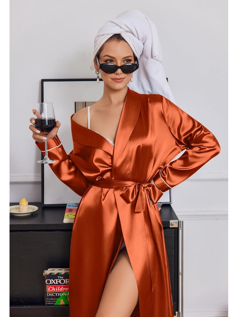 Ekouaer Silk Robes for Women Shawl Collar Satin Bathrobe Long Bride Wedding Party Robe Lightweight Sexy Sleepwear