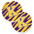 thumbnail image 1 of Letter K Monogram Tiger Stripe Purple & Gold Set of 2 Cup Holder Car Coaster, 1 of 1