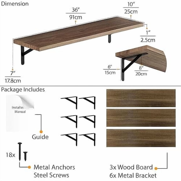 Wallniture Forme 36 inch Long x10 in Deep Rustic Floating Shelves for Wall Storage, Wall Bookshelf Living Room, Kitchen, Pantry Shelf Wood Set of 3, Burnt