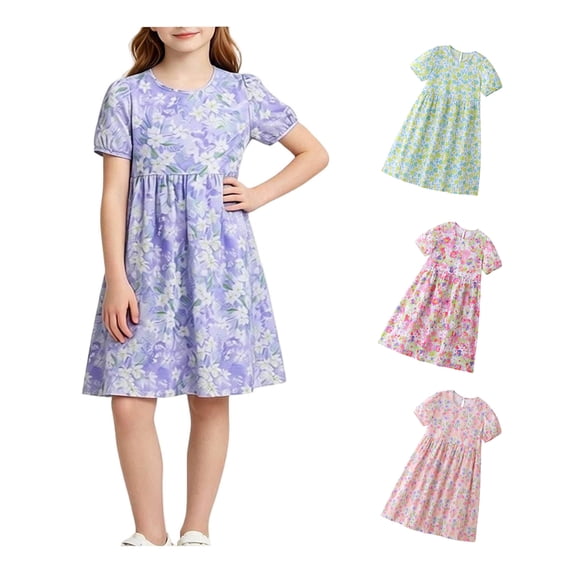 WAVSUF Girls Floral Dress Cotton Breathable Crew Neck Puff Sleeve Kids Summer Daily Comfort Sundress White Size 8