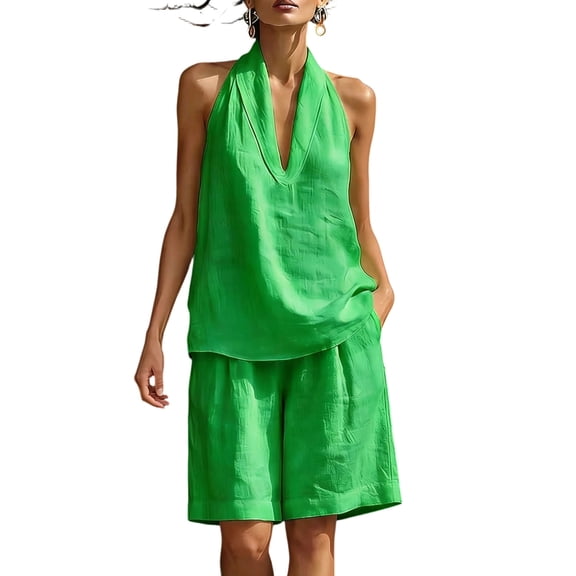 Womens Linen 2 Piece Outfits Lightweight Shorts Set Loose Halter V Neck Sleeveless Summer Business Casual Sets