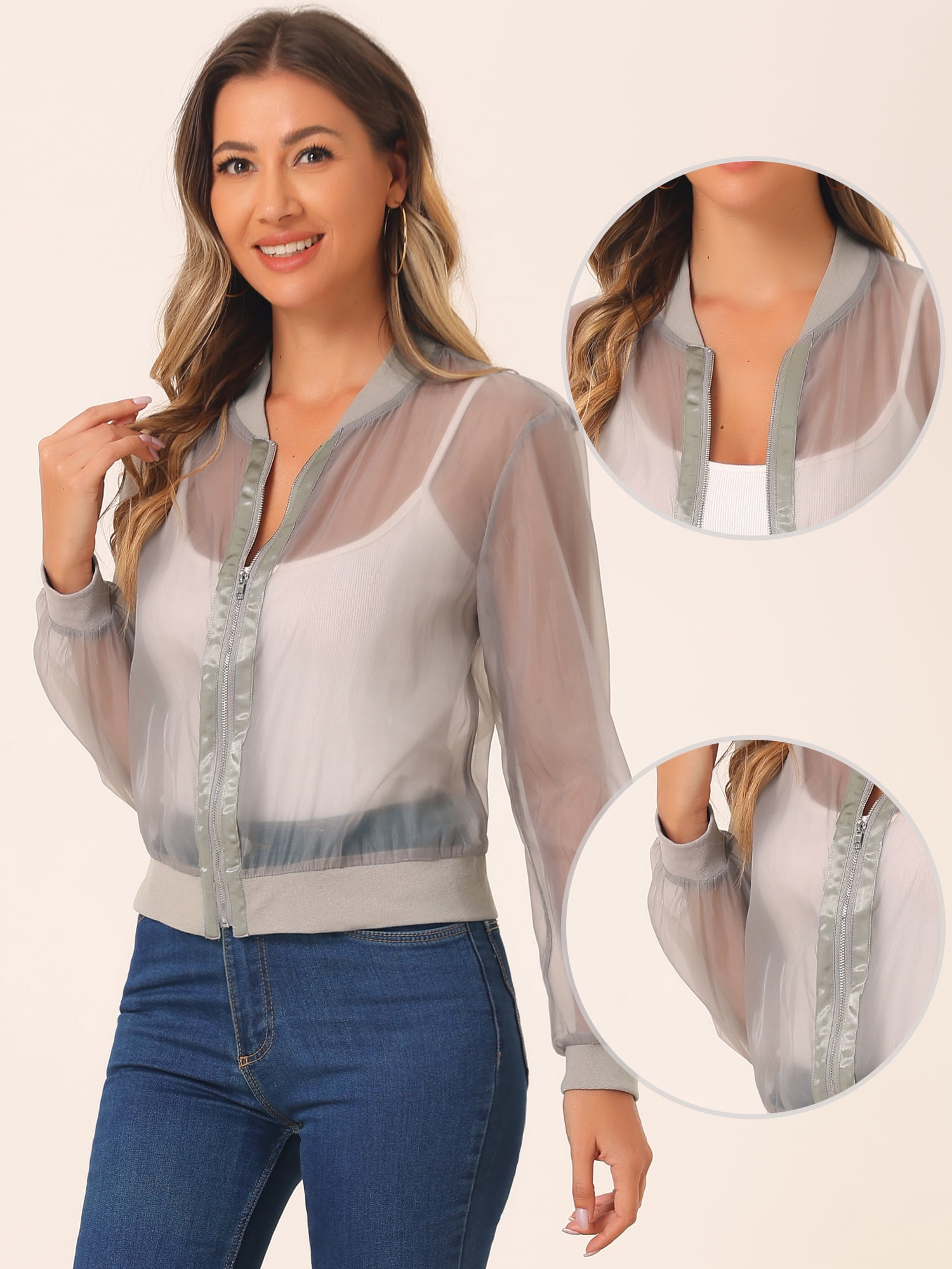DARING DIVA Mesh Sheer See Through Long Sleeve Zip Up Bomber Jacket S Gray