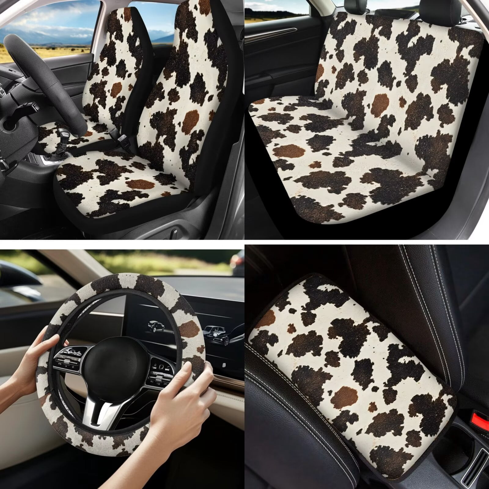 Garronmavis Cow Print Car Accessories Set of 13 Car Front Rear Seat Covers + Steering Wheel Cover + Seatbelt Pads + Console Cover + Auto Coasters + Keychain + Chapstick Holder