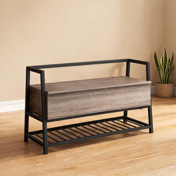 Entryway Contemporary Storage Bench, 42 Inch Wood-Tone Brown Flip Top with Shoe Storage for Hallway