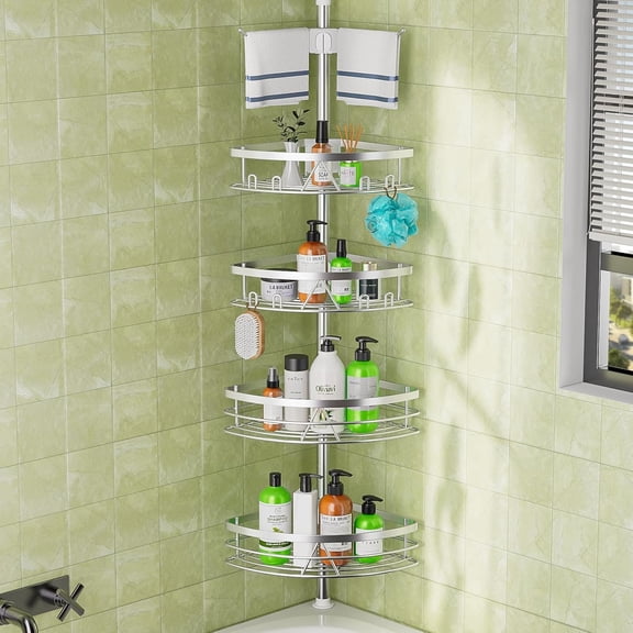 Corner Shower Caddy - Tension Pole Rod Organizer, Floor to Ceiling 20-113 inch, Adjustable Towel Rack Waterproof Rustproof, Stainless Steel