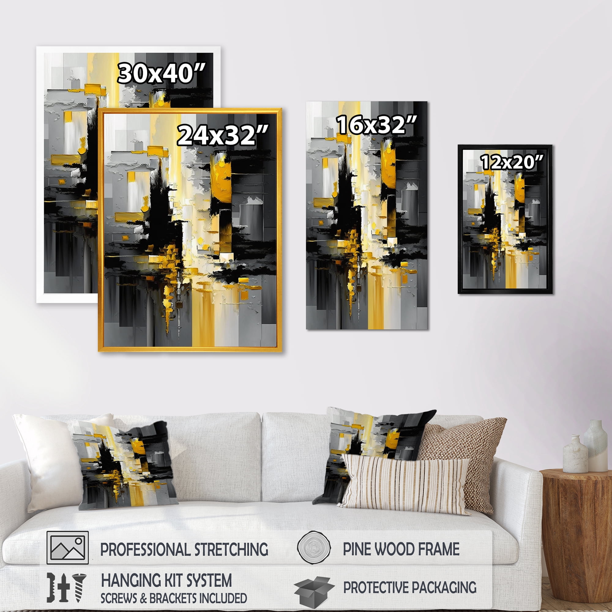 Designart Abstract Geometric Black And Yellow V Canvas Wall Art