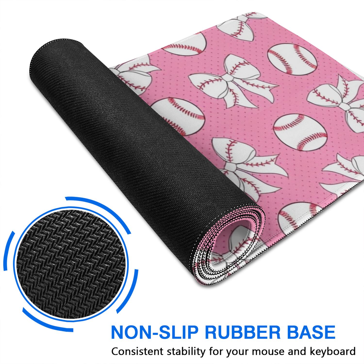 Long Mouse Pads for Desk,Pink Bows and Baseballs Pattern Desk Mats on Top Of Desks, Desk Mouse Pad Extra Large with 3mm Non-Slip Base and Stitched Edge for Gaming,Office,Work,Home 31.5"x11.8"