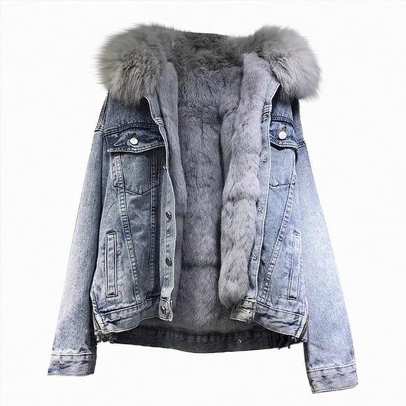 Splozh Fall Jackets for Women Denim Fleece Thickened Coat Women's Winter Fall Loose Cotton Coat Detachable Large Collar Cotton Coat Blue,2XL