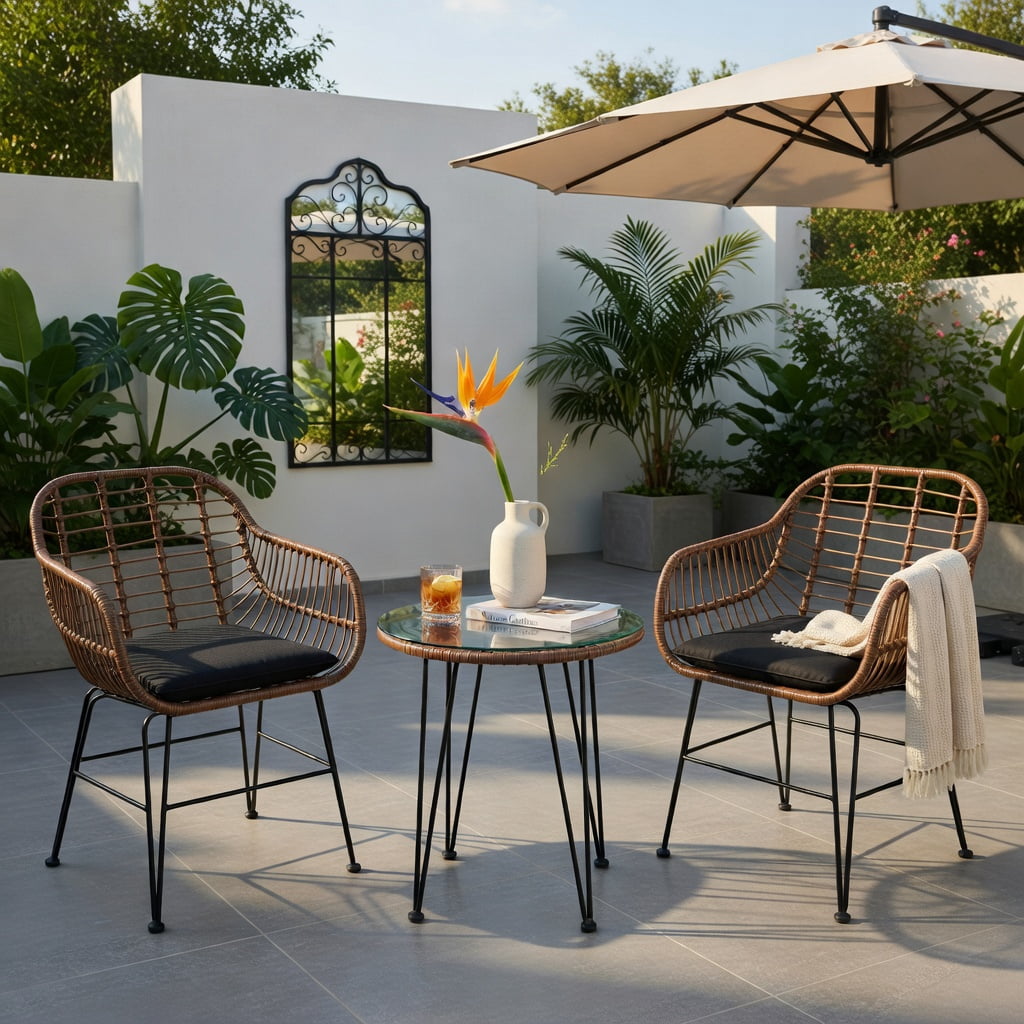 Hommoo 3-Piece Outdoor Rattan Bistro Set with Removable Cushions, Steel Frame, Tempered Glass Table, Patio & Balcony Seating, Black