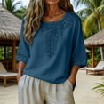 thumbnail image 3 of BODOAO Linen Blouses for Women Lightweight Ethnic Style Beach Casual Summer Tops Crew Neck Shirts Dressy Clothes Loose Fit Blouses Bohemian Tops Three Quarter Blouses Mexican Shirt Gauze Tops S, 3 of 8