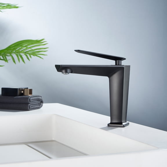 Giving Tree Single Handle Sink Faucet Mid Arc Single Hole Bathroom Faucet with Integral Deckplate, Matte Black