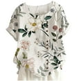 thumbnail image 4 of CHOK Hauts d'Été pour Femmes Tendance Lin Coton Confortable Manches Courtes Chemises Habillées Blouses Col Rond Hauts d'Été 2024 Imprimé Floral T-Shirts Décontractés Tunique Plus, 4 of 4