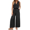 thumbnail image 2 of Women's Cotton Pajama Sets Elegant Linen Jumpsuit Womens Sleeveless V Neck Wide Leg Drawstring Waist Long Romper Pants with Pockets Black M, 2 of 9