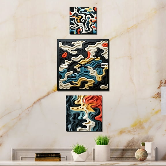 Designart "Fusion of Multicolor Labyrinth" Abstract Shapes Oversized Wall Clock - Set Of 3 - Extra large Contemporary Clock For Office Décor - Large Vertical Clock
