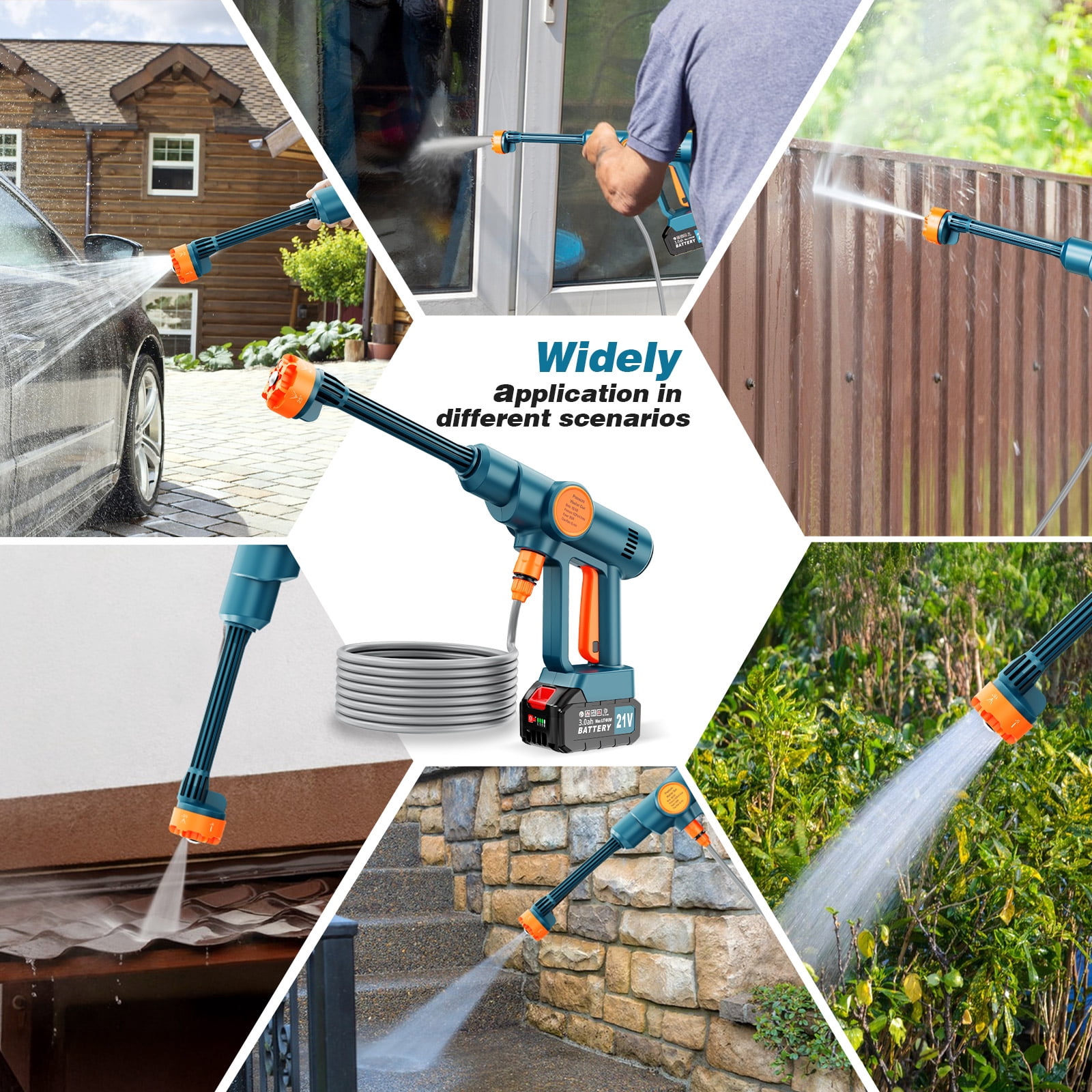 Lemolifys Cordless Pressure Washer with 2Pcs 3000mAh Battery, 6-in-1 Nozzle for Car, Patio