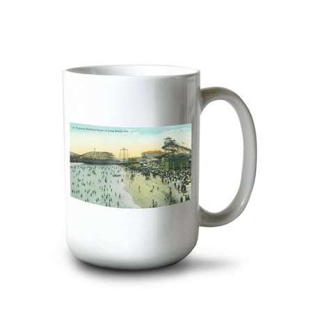 

15 fl oz Ceramic Mug Long Beach California A Typical Bathing Scene at the Beach Dishwasher & Microwave Safe