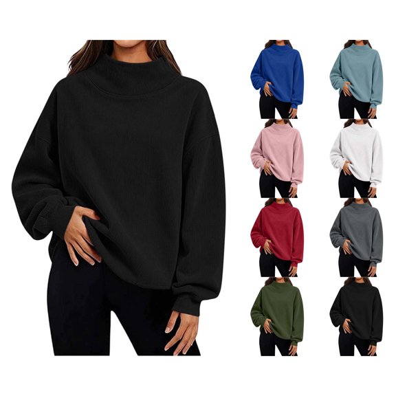 Nugftut Womens Corduroy Sweatshirts Mock Neck Fashion Long Sleeve Pullovers Casual Loose Pullover Shirts