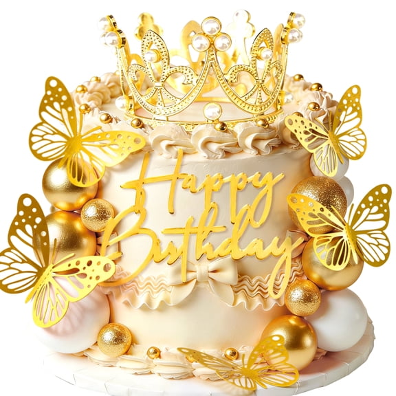 Gold Crown Butterfly Cake Decorations 48PCS - Elegant Party Decor for Birthday Wedding Anniversary Dessert Table