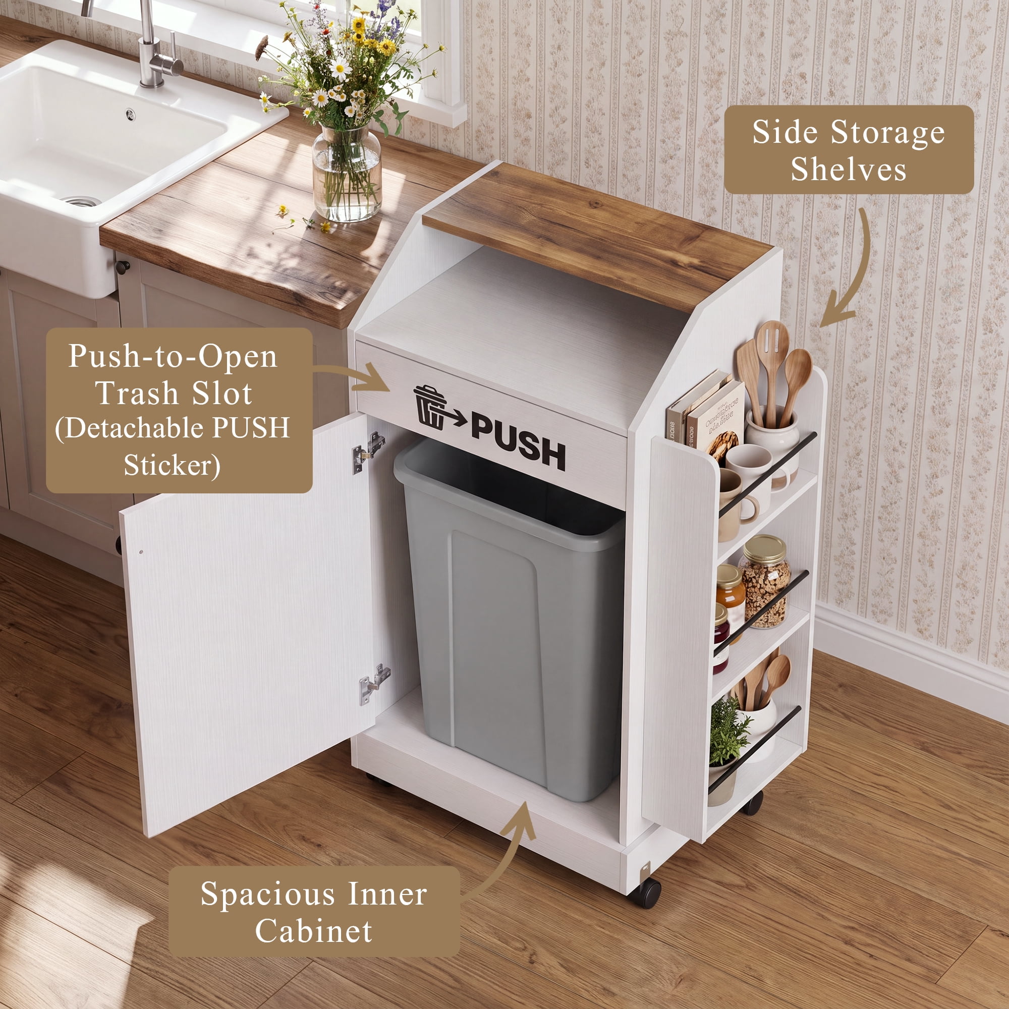 Lacoo 13 Gallon Trash Cabinet with Storage Shelves for Kitchen, Freestanding Garbage Can Cabinet with Lockable Rolling Casters, White