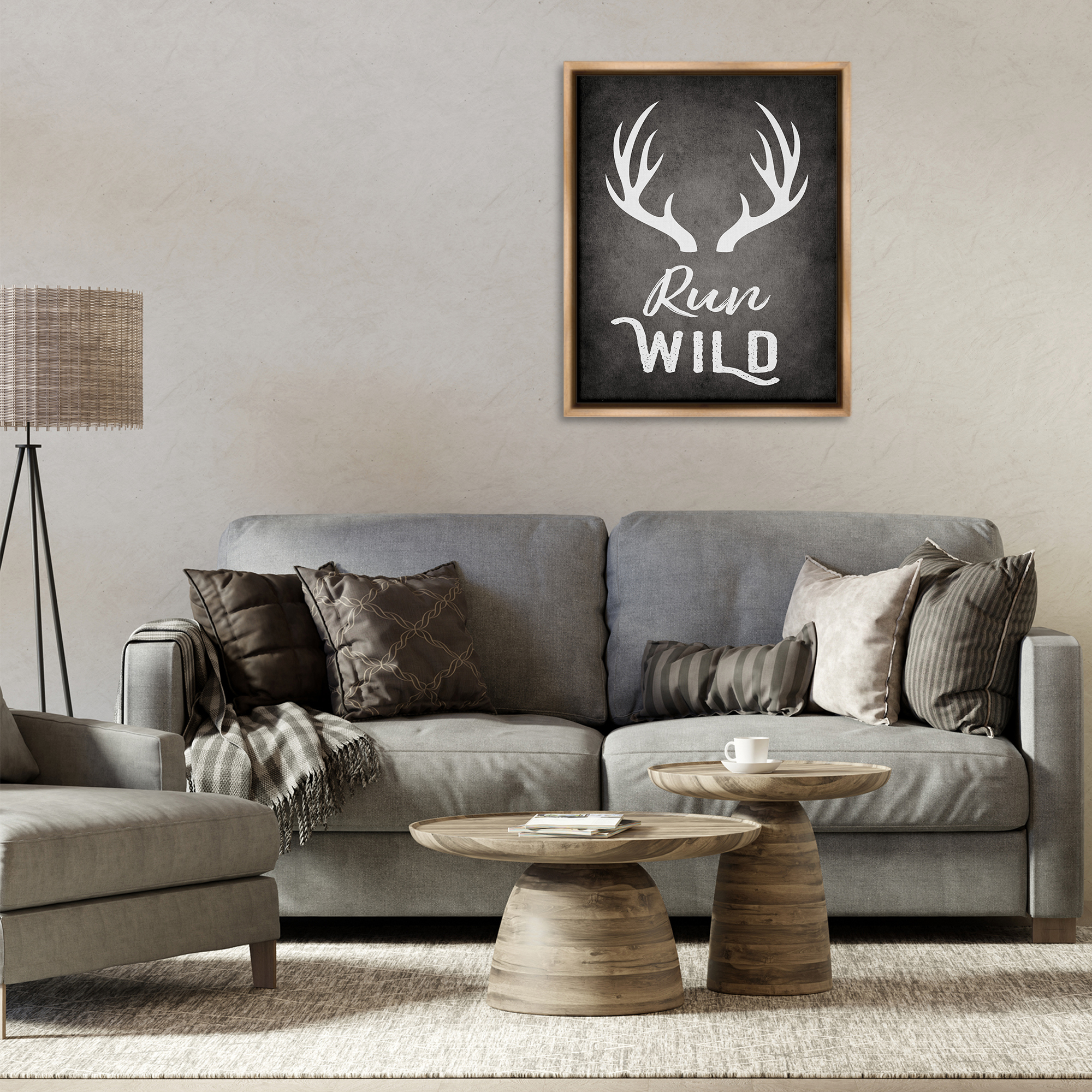 Stupell Industries Run Wild Antlers Typography Painting Brown Floater Framed Canvas Art Print Wall Art, 25 x 31