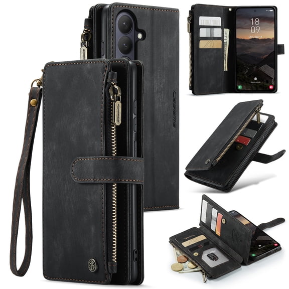 for Samsung Galaxy S26 Case, Wallet Case with Card Holder Kickstand Magnetic Zipper Pocket Lanyard Strap Wristlet, Leather Flip Case Wallet for Samsung Galaxy S26, Black