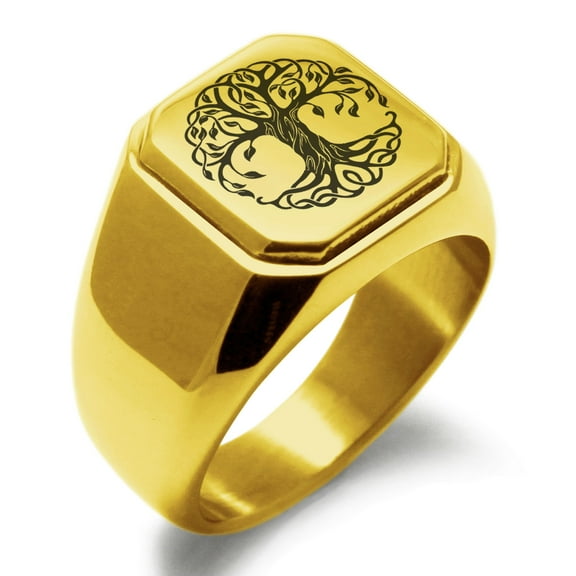 Stainless Steel Celtic Knot Tree of Life Engraved Square Flat Top Biker Style Polished Signet Ring