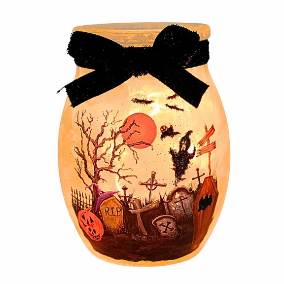 Stony Creek 4.00In Spooky Season Pre-Lit Small Jar, Glass, Spooky Halloween Lighted Grh5280 Pumpkin